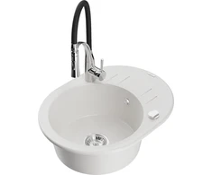 Granitinė virtuvinė plautuvė Mexen Kevin su maišytuvu ir sifonu, Baltas+Juodas/Chrome