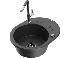 Granitinė virtuvinė plautuvė Mexen Kevin su maišytuvu ir sifonu, Juodas granite+Juodas granite/Chrome