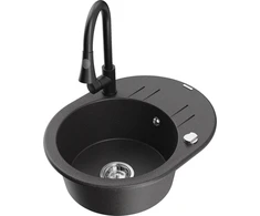 Granitinė virtuvinė plautuvė Mexen Kevin su maišytuvu ir sifonu, Juodas granite+Juodas