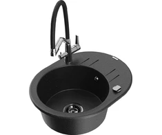 Granitinė virtuvinė plautuvė Mexen Kevin su maišytuvu ir sifonu, Metallic juodas/sidabrinis+Juodas/Chrome