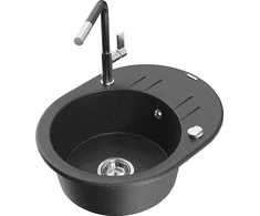 Granitinė virtuvinė plautuvė Mexen Kevin su maišytuvu ir sifonu, Juodas granite+Juodas granite/Chrome