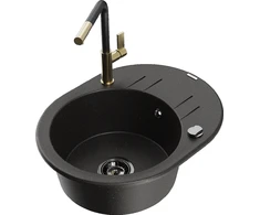 Granitinė virtuvinė plautuvė Mexen Kevin su maišytuvu ir sifonu, Metallic juodas/auksinis+Juodas/Gold