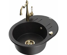 Granitinė virtuvinė plautuvė Mexen Kevin su maišytuvu ir sifonu, Metallic juodas/sidabrinis+Gold