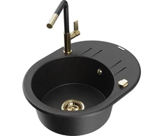 Granitinė virtuvinė plautuvė Mexen Kevin su maišytuvu ir sifonu, Metallic juodas/sidabrinis+Juodas/Gold