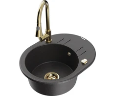 Granitinė virtuvinė plautuvė Mexen Kevin su maišytuvu ir sifonu, Juodas granite+Gold