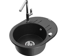 Granitinė virtuvinė plautuvė Mexen Kevin su maišytuvu ir sifonu, Metallic juodas/sidabrinis+Chrome