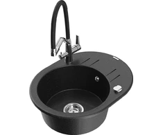 Granitinė virtuvinė plautuvė Mexen Kevin su maišytuvu ir sifonu, Metallic juodas/sidabrinis+Juodas/Chrome