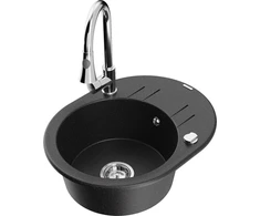 Granitinė virtuvinė plautuvė Mexen Kevin su maišytuvu ir sifonu, Metallic juodas/sidabrinis+Chrome