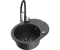 Granitinė virtuvinė plautuvė Mexen Kevin su maišytuvu ir sifonu, Juodas granite+Juodas/Chrome