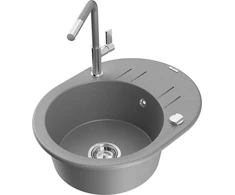Granitinė virtuvinė plautuvė Mexen Kevin su maišytuvu ir sifonu, Pilkas+Pilkas/Chrome