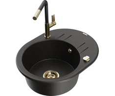 Granitinė virtuvinė plautuvė Mexen Kevin su maišytuvu ir sifonu, Metallic juodas/auksinis+Juodas/Gold