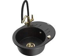 Granitinė virtuvinė plautuvė Mexen Kevin su maišytuvu ir sifonu, Metallic juodas/sidabrinis+Juodas/Gold