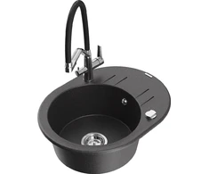 Granitinė virtuvinė plautuvė Mexen Kevin su maišytuvu ir sifonu, Juodas granite+Juodas/Chrome