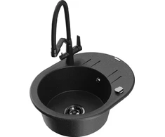 Granitinė virtuvinė plautuvė Mexen Kevin su maišytuvu ir sifonu, Metallic juodas/sidabrinis+Juodas
