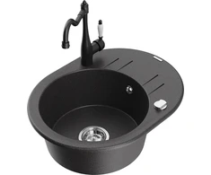 Granitinė virtuvinė plautuvė Mexen Kevin su maišytuvu ir sifonu, Juodas granite+Juodas
