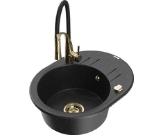 Granitinė virtuvinė plautuvė Mexen Kevin su maišytuvu ir sifonu, Metallic juodas/sidabrinis+Juodas/Gold