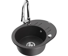 Granitinė virtuvinė plautuvė Mexen Kevin su maišytuvu ir sifonu, Juodas granite+Chrome