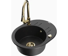Granitinė virtuvinė plautuvė Mexen Kevin su maišytuvu ir sifonu, Metallic juodas/sidabrinis+Gold