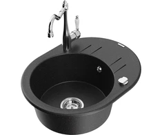 Granitinė virtuvinė plautuvė Mexen Kevin su maišytuvu ir sifonu, Metallic juodas/sidabrinis+Chrome