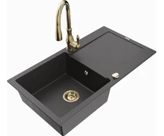 Granitinė virtuvinė plautuvė Mexen Leo su maišytuvu ir sifonu, Juodas granite+Gold
