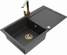 Granitinė virtuvinė plautuvė Mexen Leo su maišytuvu ir sifonu, Juodas granite+Gold