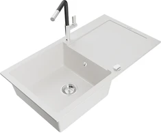 Granitinė virtuvinė plautuvė Mexen Leo su maišytuvu ir sifonu, Baltas+Juodas/Chrome