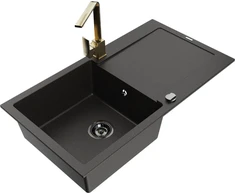 Granitinė virtuvinė plautuvė Mexen Leo su maišytuvu ir sifonu, Metallic juodas/auksinis+Gold