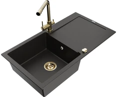 Granitinė virtuvinė plautuvė Mexen Leo su maišytuvu ir sifonu, Metallic juodas/auksinis+Gold