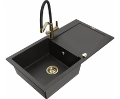 Granitinė virtuvinė plautuvė Mexen Leo su maišytuvu ir sifonu, Metallic juodas/auksinis+Juodas/Gold