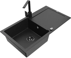 Granitinė virtuvinė plautuvė Mexen Leo su maišytuvu ir sifonu, Metallic juodas/sidabrinis+Juodas