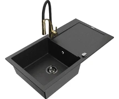 Granitinė virtuvinė plautuvė Mexen Leo su maišytuvu ir sifonu, Metallic juodas/sidabrinis+Juodas/Gold
