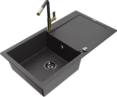 Granitinė virtuvinė plautuvė Mexen Leo su maišytuvu ir sifonu, Juodas granite+Juodas granite/Gold