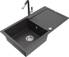 Granitinė virtuvinė plautuvė Mexen Leo su maišytuvu ir sifonu, Juodas granite+Juodas/Chrome