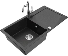 Granitinė virtuvinė plautuvė Mexen Leo su maišytuvu ir sifonu, Metallic juodas/sidabrinis+Chrome