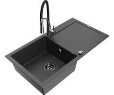 Granitinė virtuvinė plautuvė Mexen Leo su maišytuvu ir sifonu, Juodas granite+Juodas/Chrome