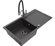 Granitinė virtuvinė plautuvė Mexen Leo su maišytuvu ir sifonu, Juodas granite+Juodas/Chrome