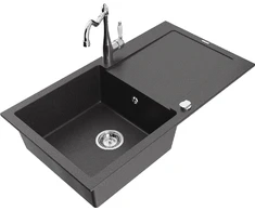 Granitinė virtuvinė plautuvė Mexen Leo su maišytuvu ir sifonu, Juodas granite+Chrome