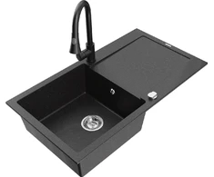 Granitinė virtuvinė plautuvė Mexen Leo su maišytuvu ir sifonu, Metallic juodas/sidabrinis+Juodas