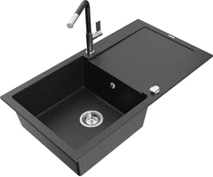 Granitinė virtuvinė plautuvė Mexen Leo su maišytuvu ir sifonu, Metallic juodas/sidabrinis+Juodas/Chrome