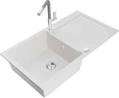 Granitinė virtuvinė plautuvė Mexen Leo su maišytuvu ir sifonu, Baltas+Pilkas/Chrome