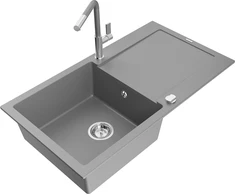 Granitinė virtuvinė plautuvė Mexen Leo su maišytuvu ir sifonu, Pilkas+Pilkas/Chrome