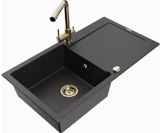 Granitinė virtuvinė plautuvė Mexen Leo su maišytuvu ir sifonu, Metallic juodas/sidabrinis+Gold