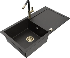 Granitinė virtuvinė plautuvė Mexen Leo su maišytuvu ir sifonu, Metallic juodas/auksinis+Juodas/Gold