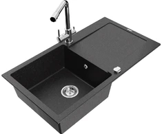Granitinė virtuvinė plautuvė Mexen Leo su maišytuvu ir sifonu, Metallic juodas/sidabrinis+Chrome