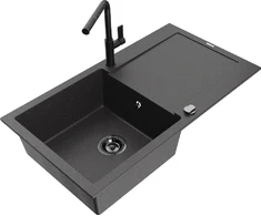 Granitinė virtuvinė plautuvė Mexen Leo su maišytuvu ir sifonu, Juodas granite+Juodas