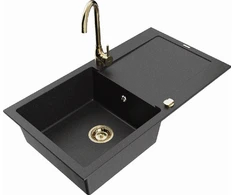 Granitinė virtuvinė plautuvė Mexen Leo su maišytuvu ir sifonu, Metallic juodas/sidabrinis+Gold