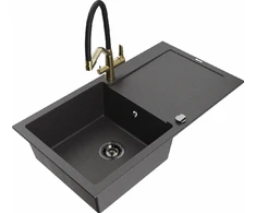 Granitinė virtuvinė plautuvė Mexen Leo su maišytuvu ir sifonu, Juodas granite+Juodas/Gold