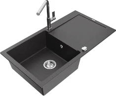 Granitinė virtuvinė plautuvė Mexen Leo su maišytuvu ir sifonu, Juodas granite+Chrome