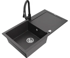 Granitinė virtuvinė plautuvė Mexen Leo su maišytuvu ir sifonu, Juodas granite+Juodas