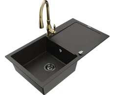 Granitinė virtuvinė plautuvė Mexen Leo su maišytuvu ir sifonu, Metallic juodas/auksinis+Gold